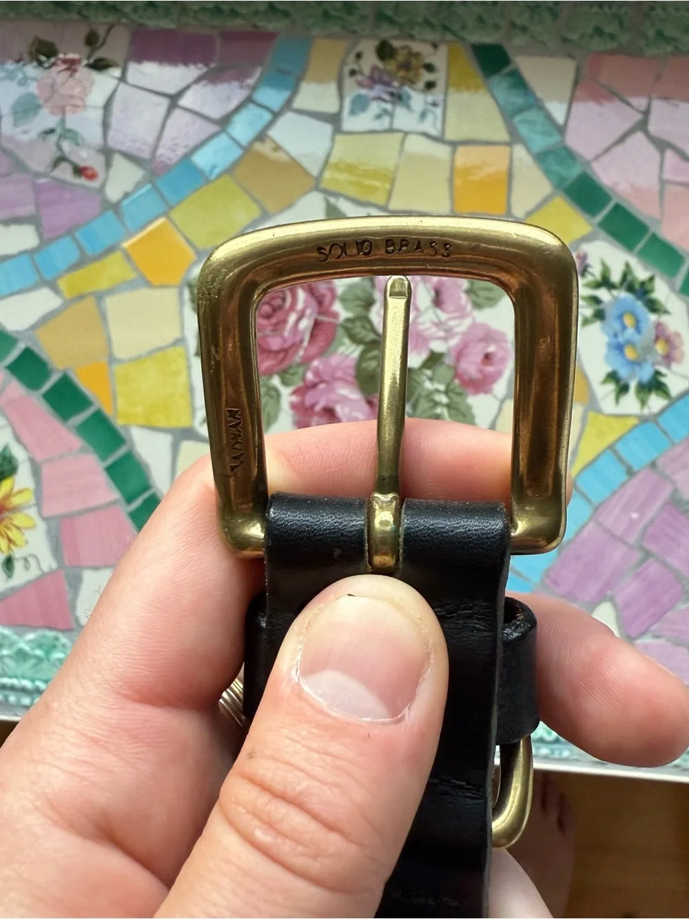 Black Leather Belt Size Large 36-40 with Solid Brass Metal Buckle Unbranded